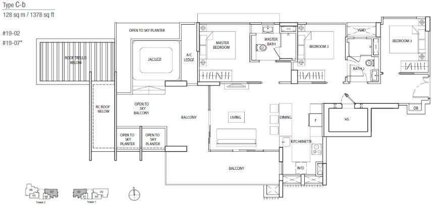 Floor plan of The Line @ Tanjong Rhu type C-b, 3-Bedroom, 1,378 sq ft