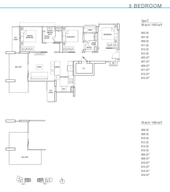 Floor plan of The Line @ Tanjong Rhu type C, 3-Bedroom, 1,055 to 1,066 sq ft