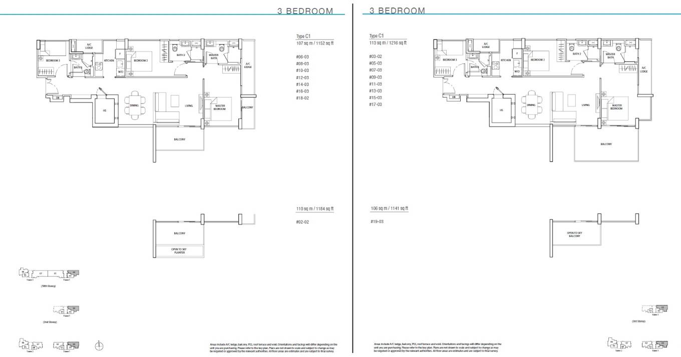Floor plan of The Line @ Tanjong Rhu type C1, 3-Bedroom, 1,141 to 1,216 sq ft