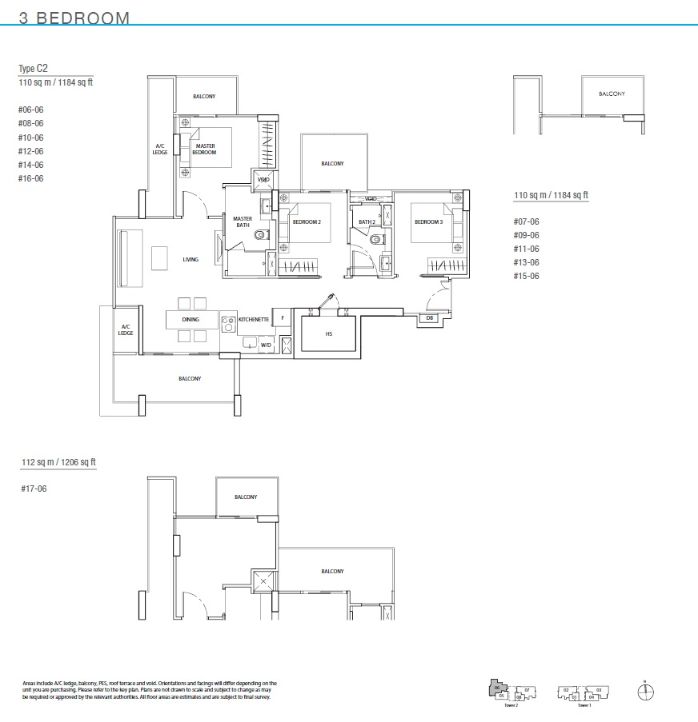 Floor plan of The Line @ Tanjong Rhu type C2, 3-Bedroom, 1,206 sq ft