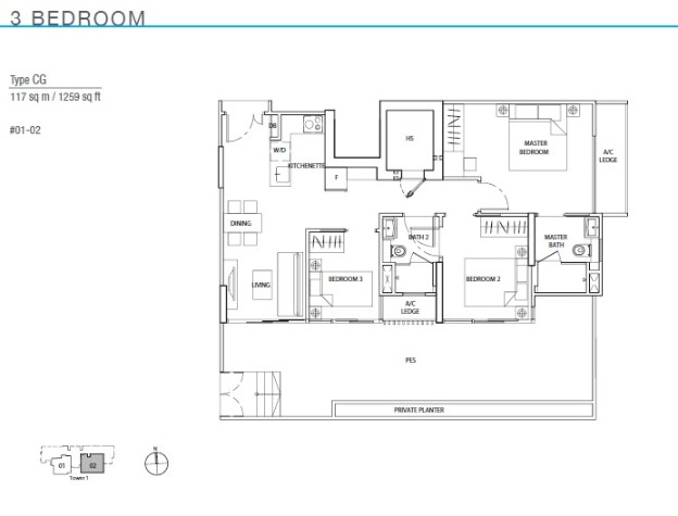 Floor plan of The Line @ Tanjong Rhu type CG, 3-Bedroom, 1,259 sq ft