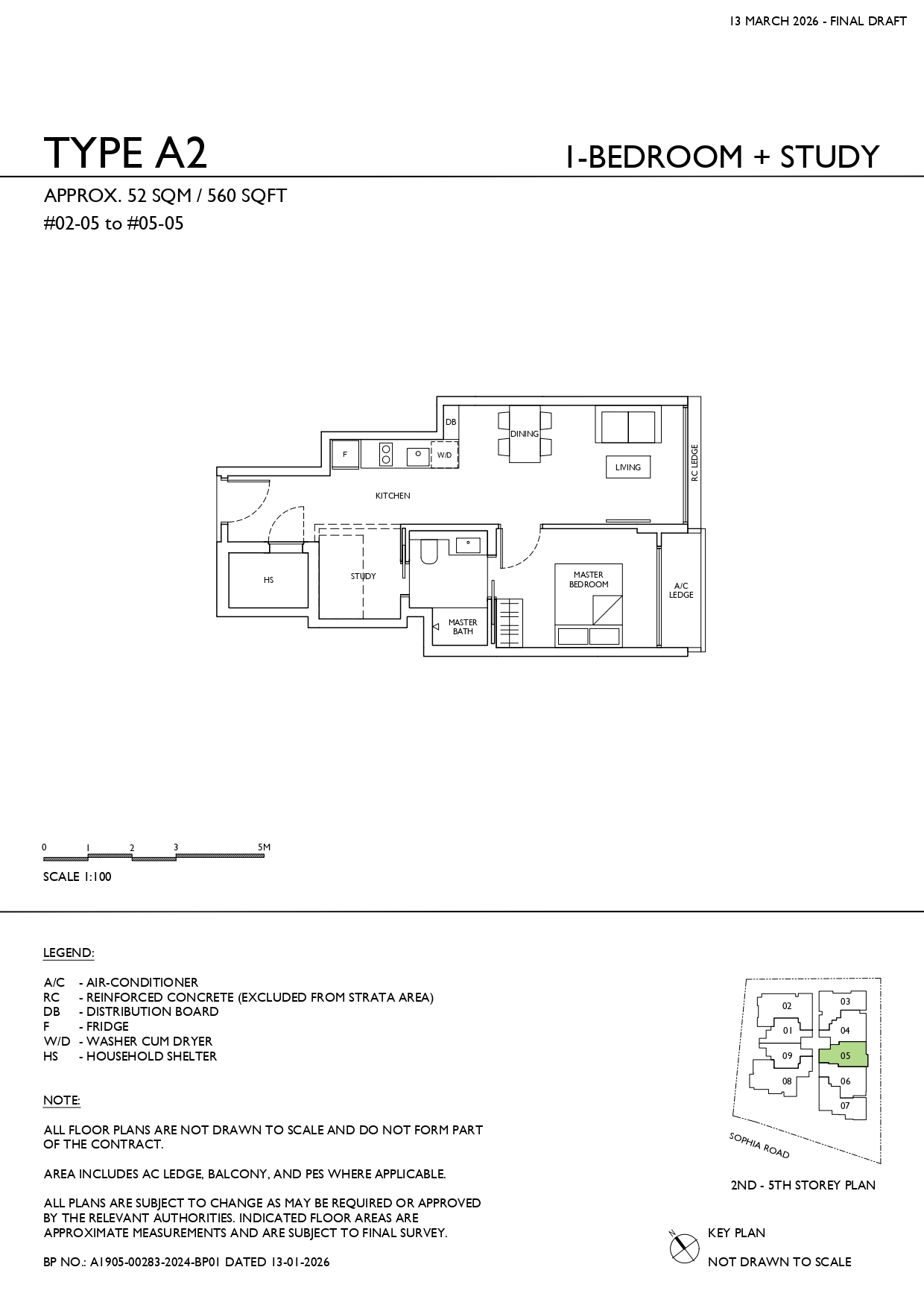 Floor plan of Sophia Meadow type A21, 1-Bedroom + Study, 560 sq ft