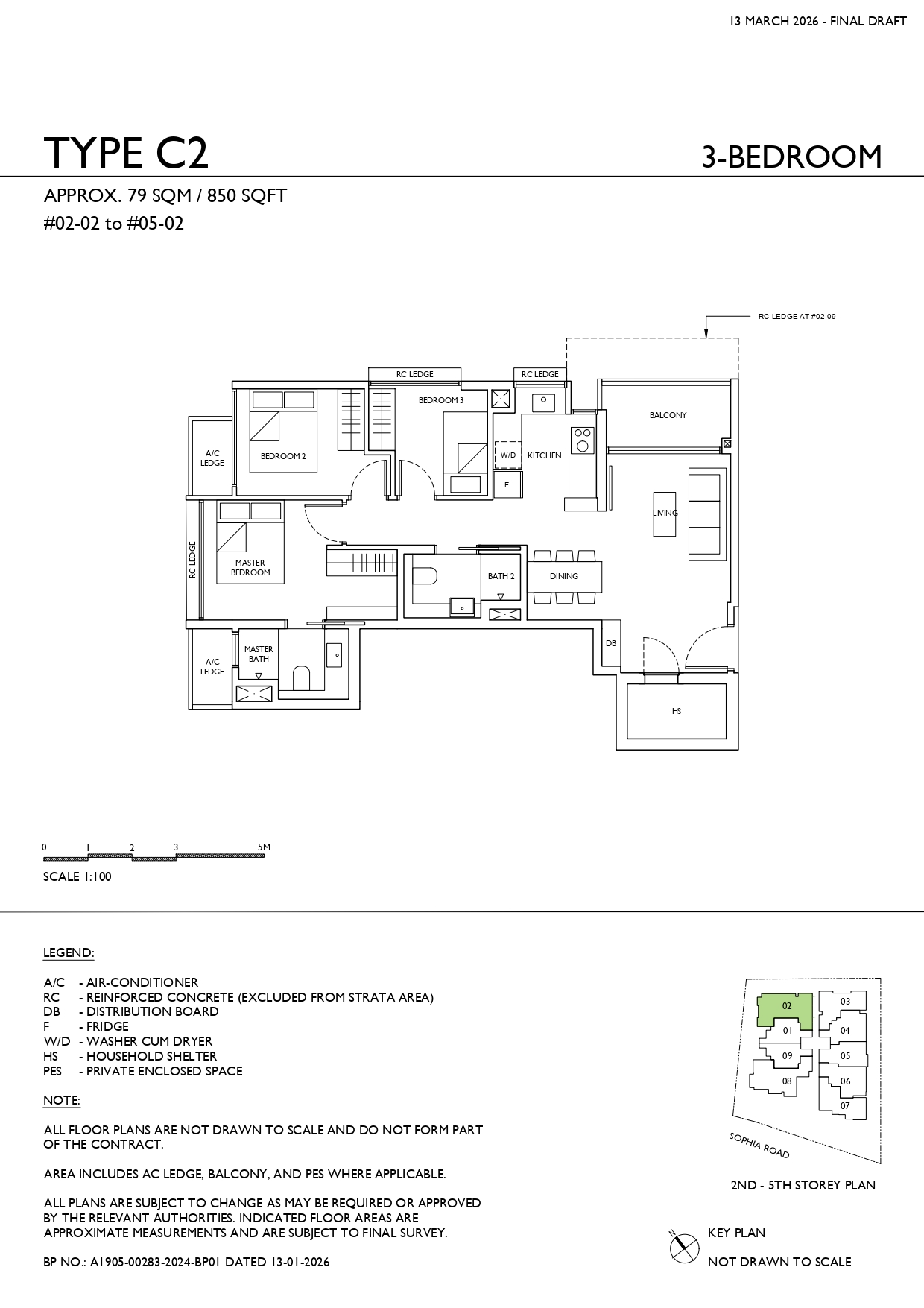 Floor plan of Sophia Meadow type C21, 3-Bedroom, 850 sq ft