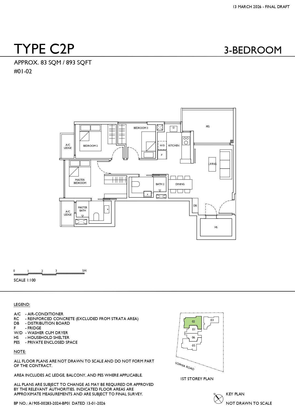 Floor plan of Sophia Meadow type C2P1, 3-Bedroom, 893 sq ft