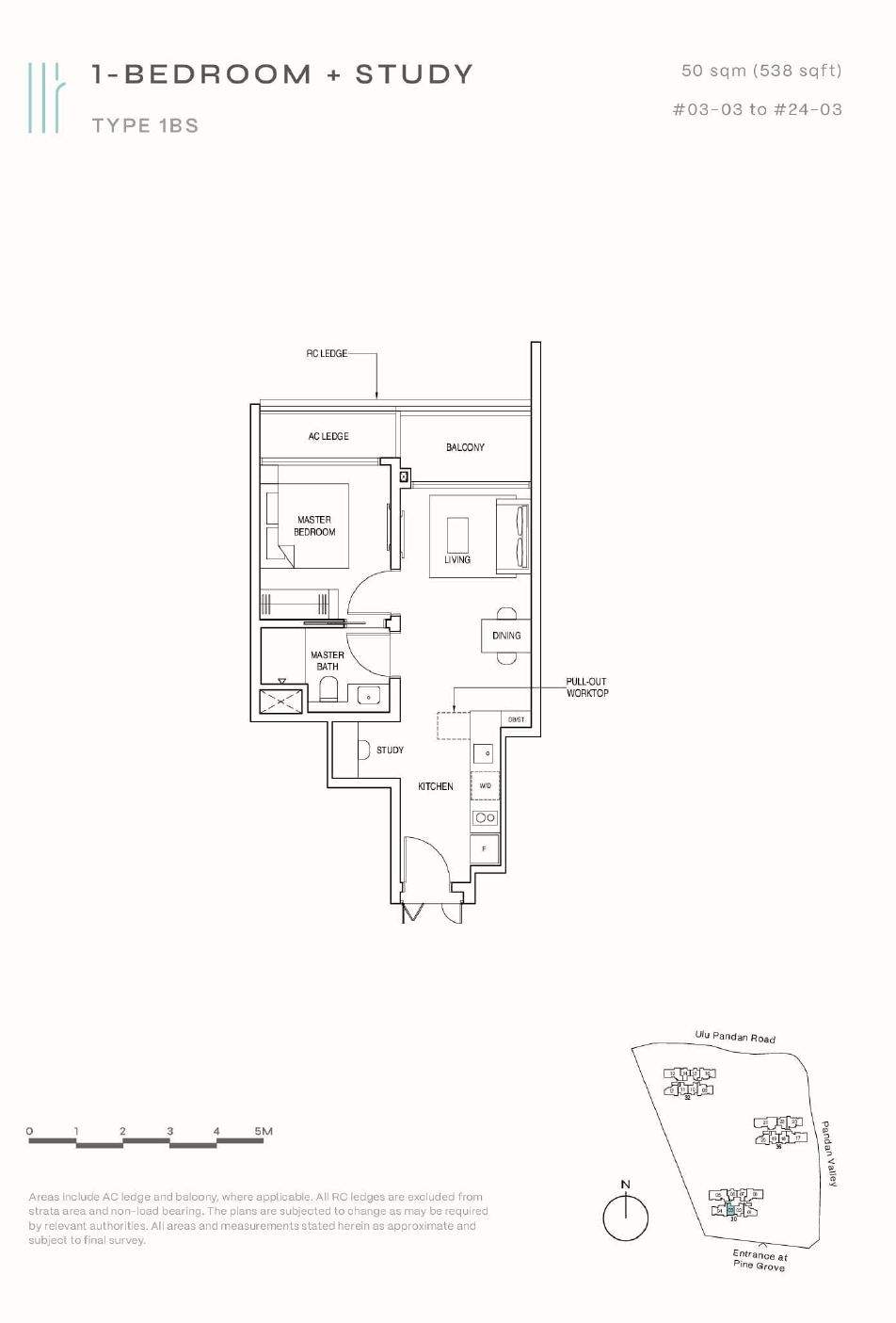 Floor plan of Pinetree Hill type 1BS, 1-Bedroom + Study, 538 sq ft