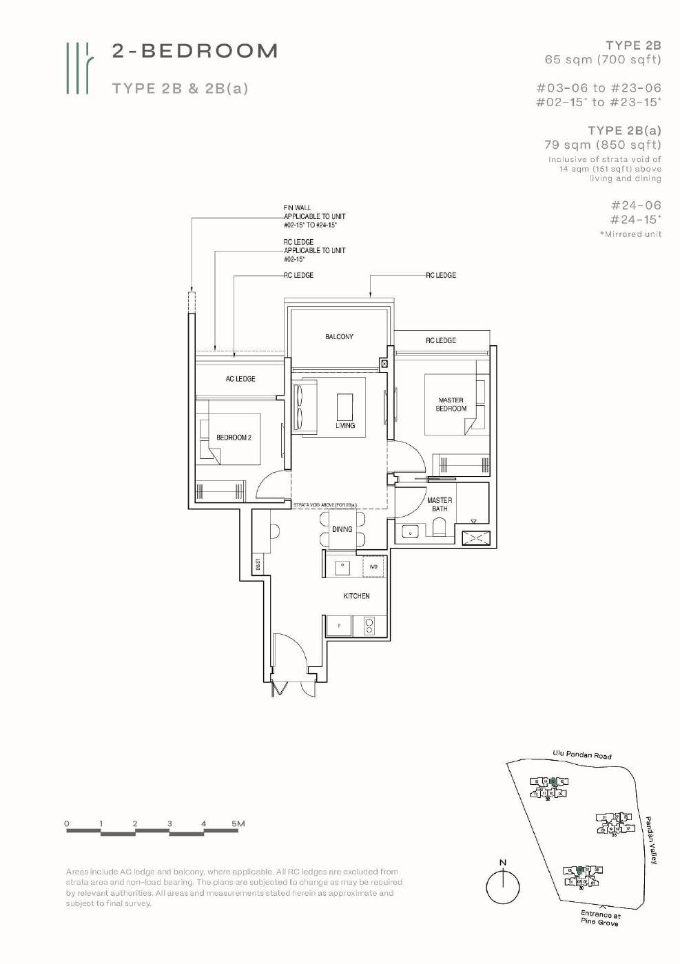 Floor plan of Pinetree Hill type 2B, 2-Bedroom, 700 sq ft