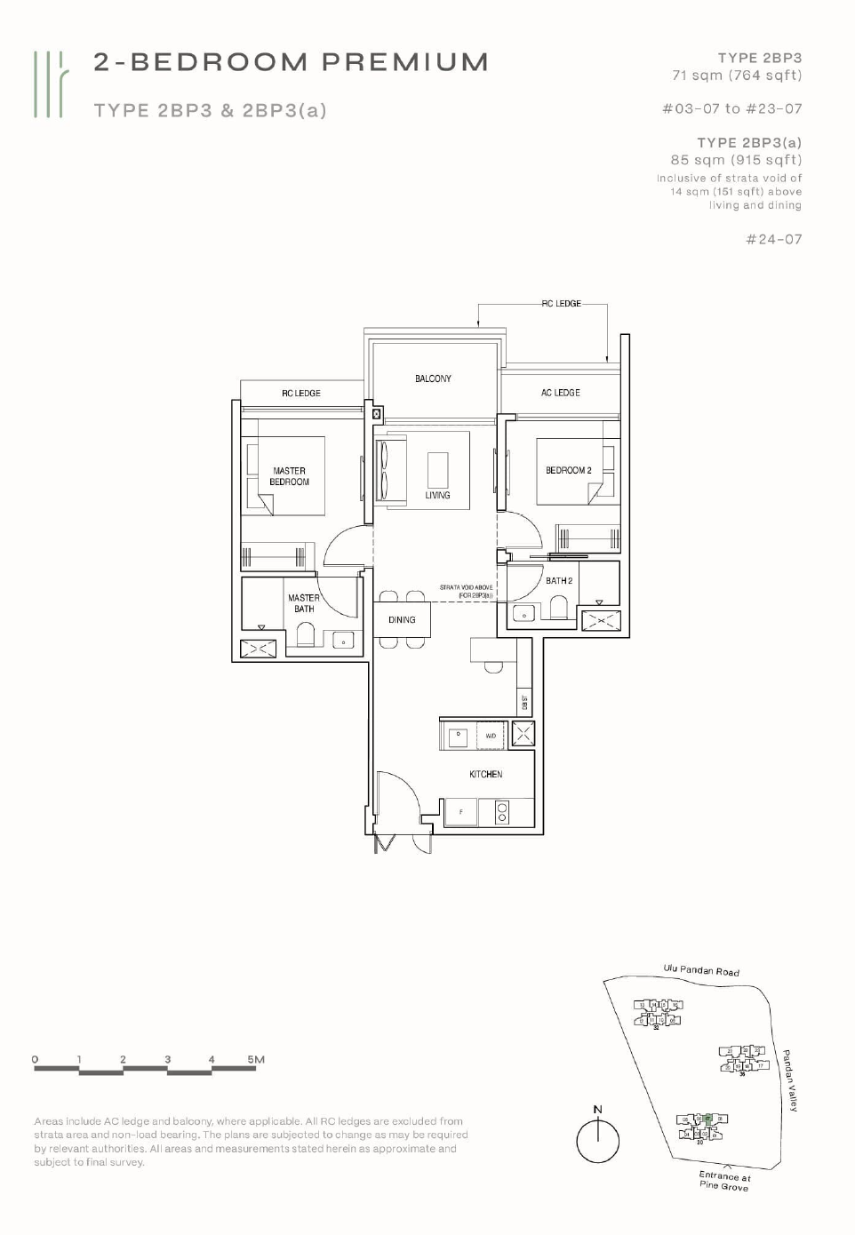 Floor plan of Pinetree Hill type 2BP3, 2-Bedroom, 764 sq ft