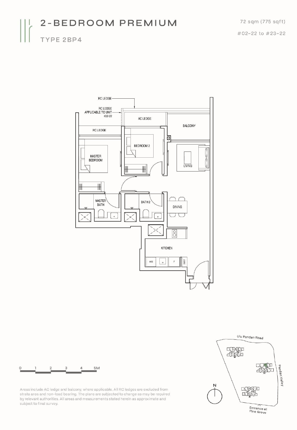 Floor plan of Pinetree Hill type 2BP4, 2-Bedroom, 775 sq ft