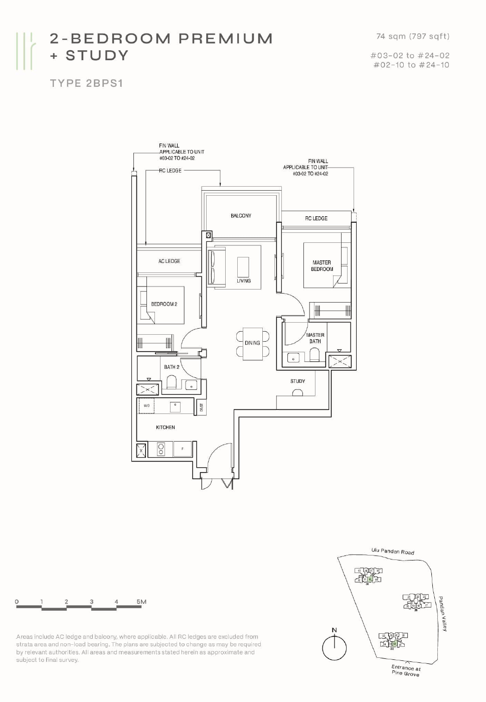 Floor plan of Pinetree Hill type 2BPS1, 2-Bedroom + Study, 797 sq ft