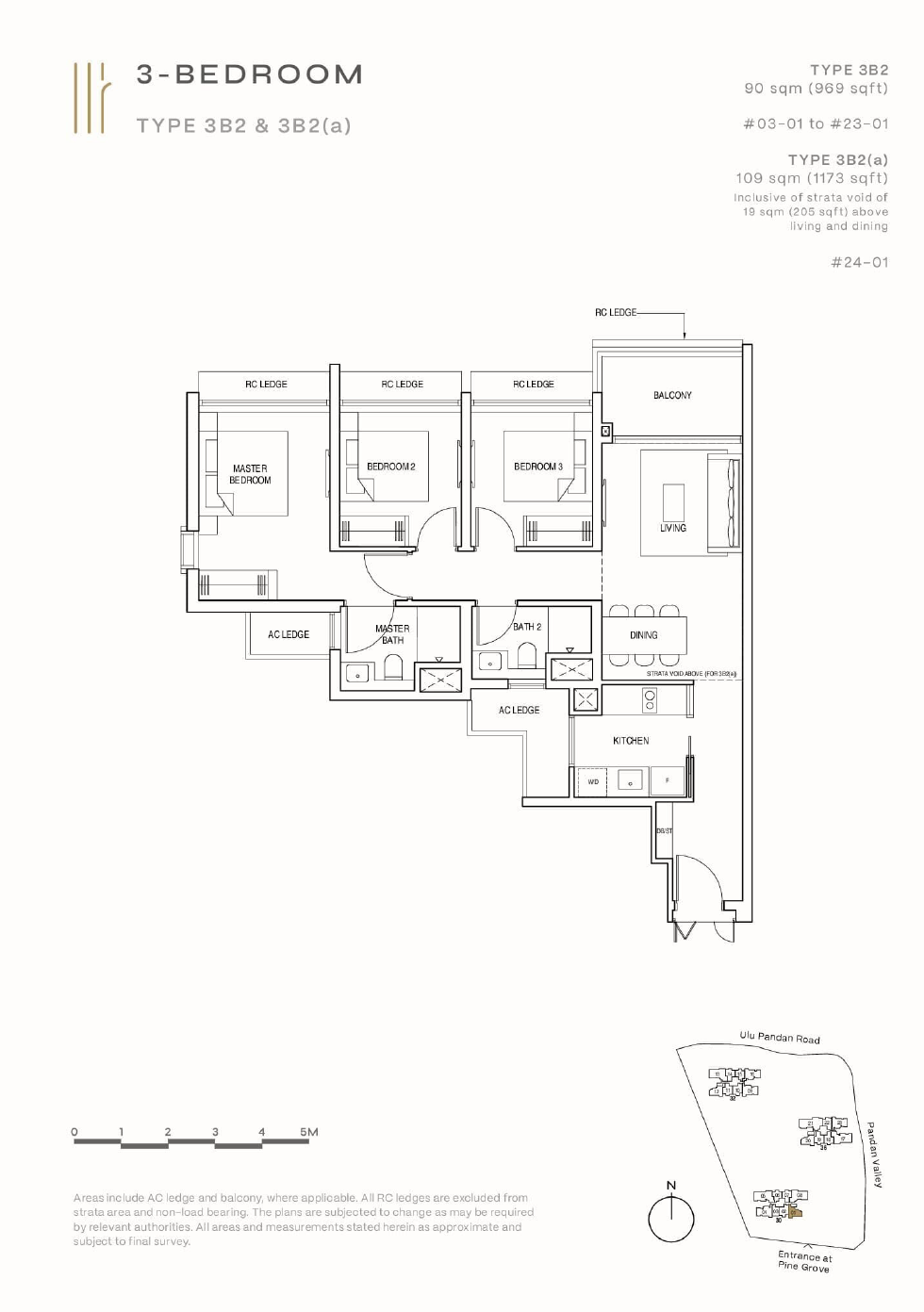 Floor plan of Pinetree Hill type 3B2, 3-Bedroom, 969 sq ft