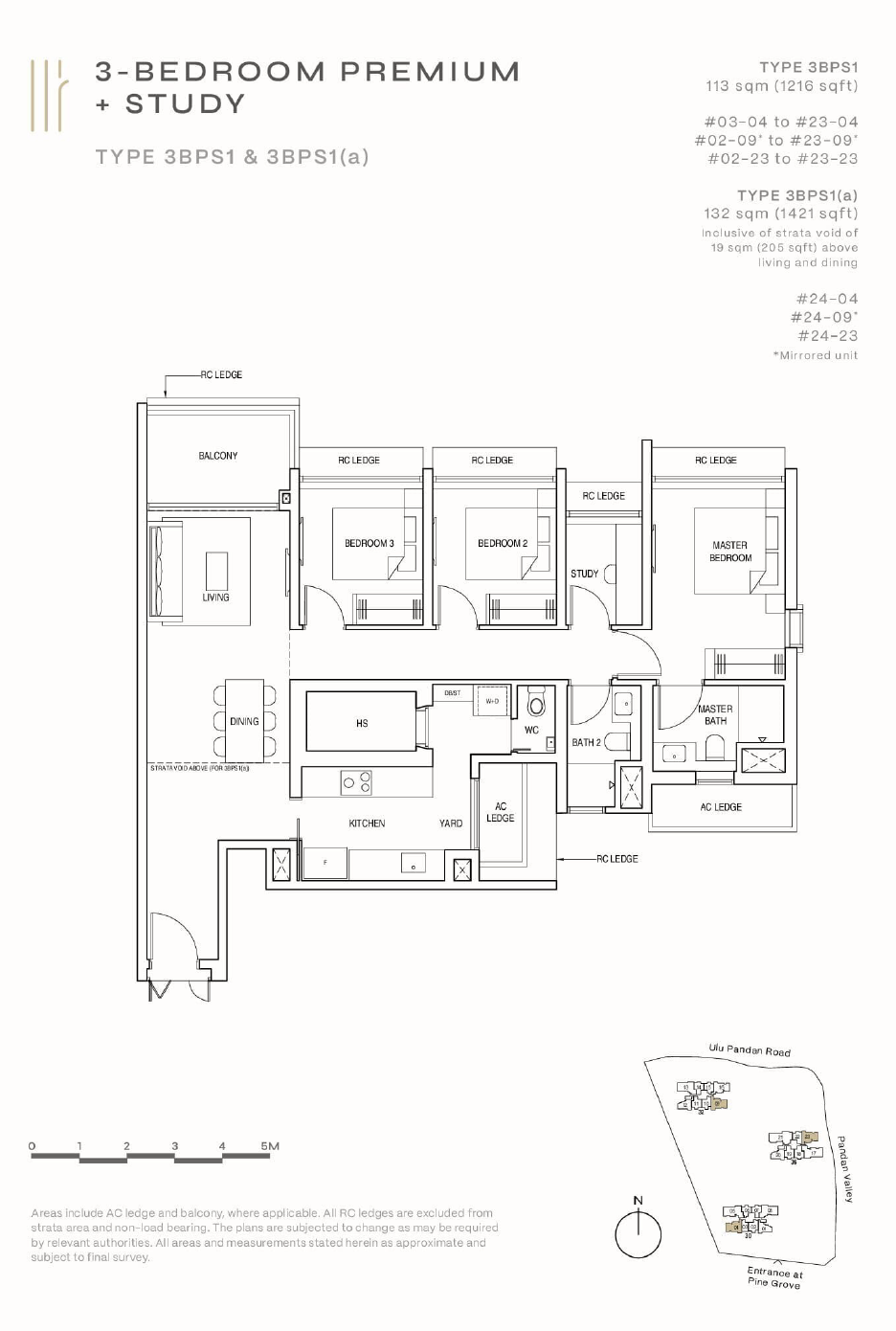 Floor plan of Pinetree Hill type 3BPS1, 3-Bedroom + Study, 1,216 sq ft
