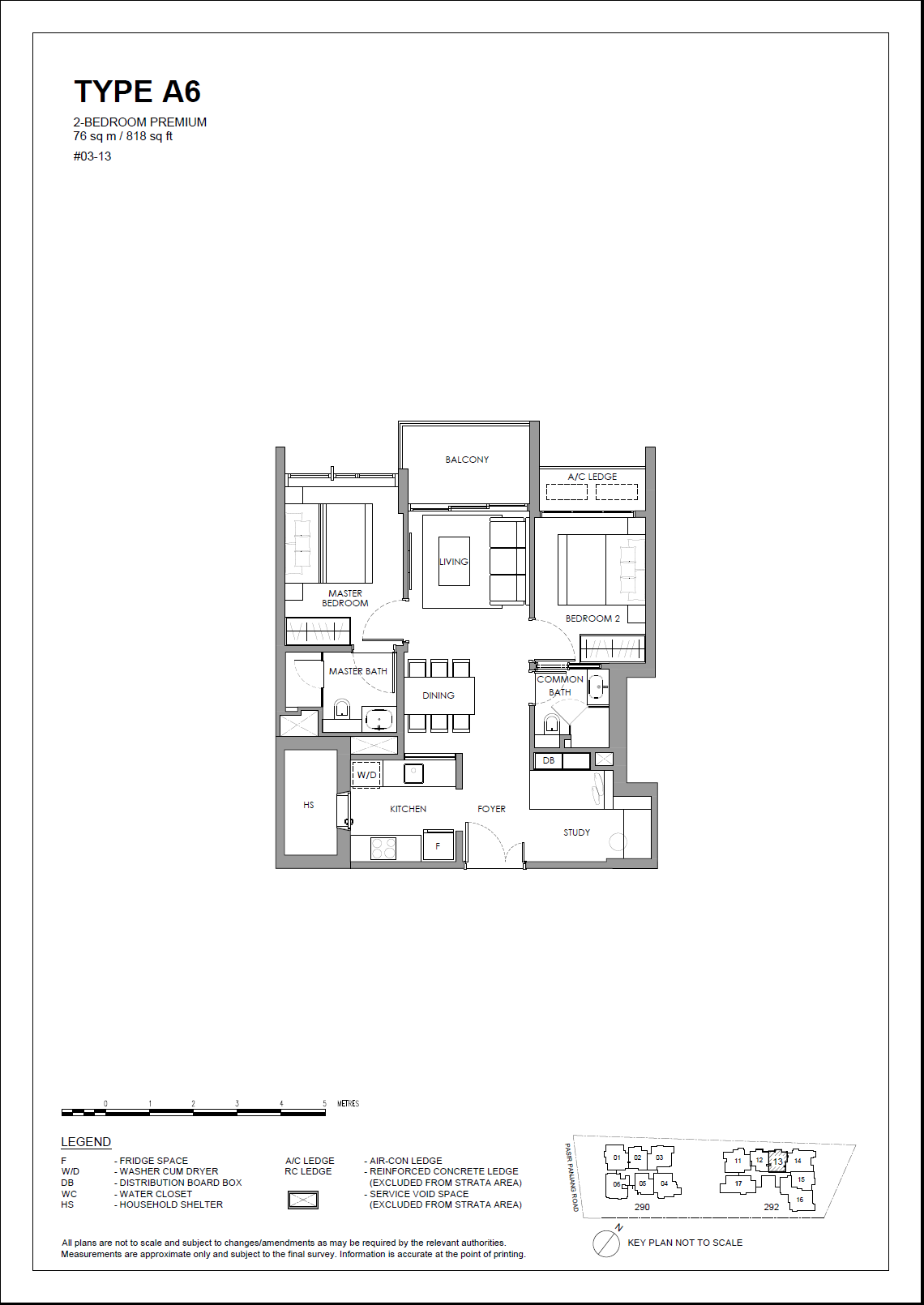 Floor plan of The Hillshore type A6, 2-Bedroom, 818 sq ft