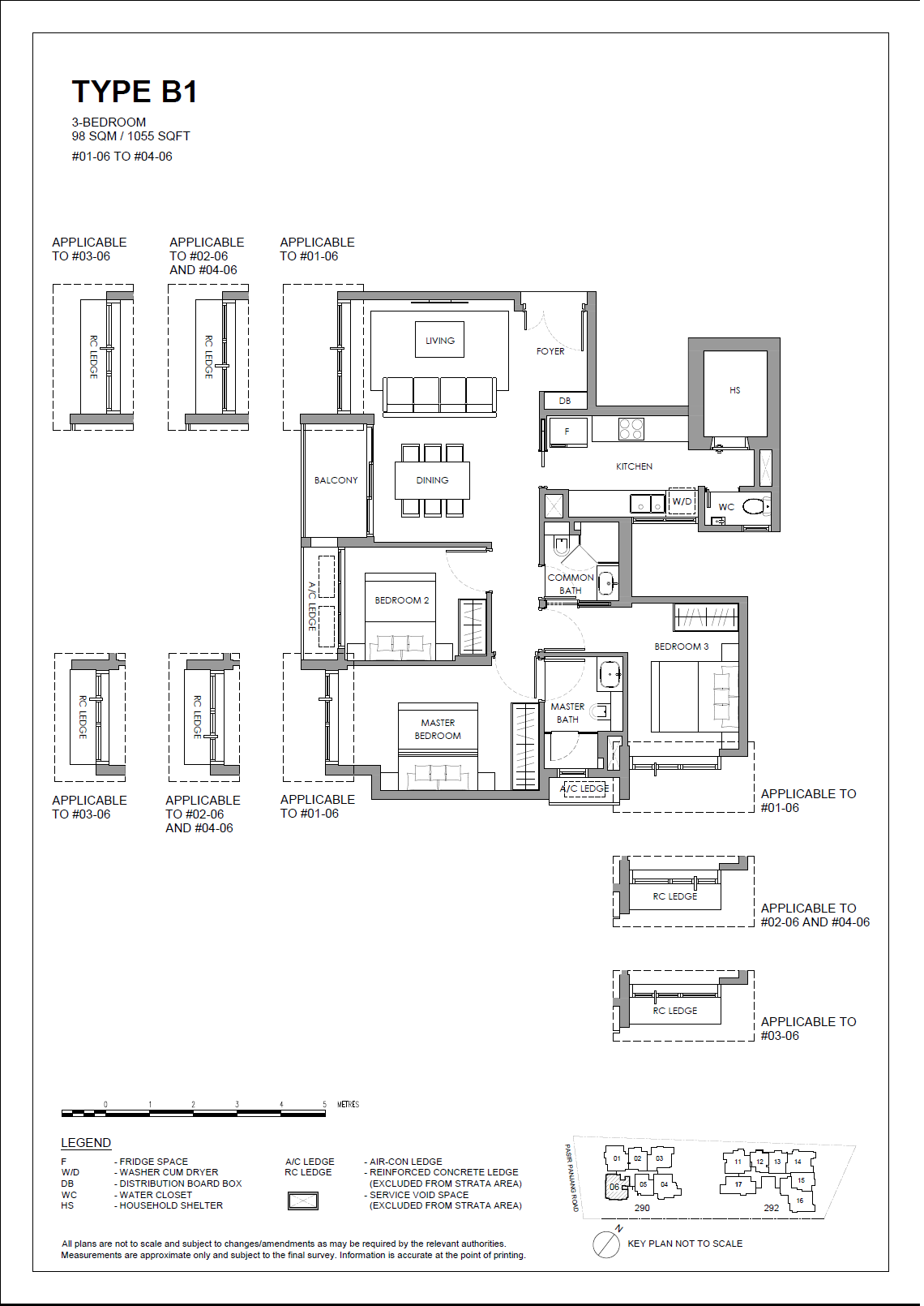 Floor plan of The Hillshore type B1, 3-Bedroom, 1,055 sq ft