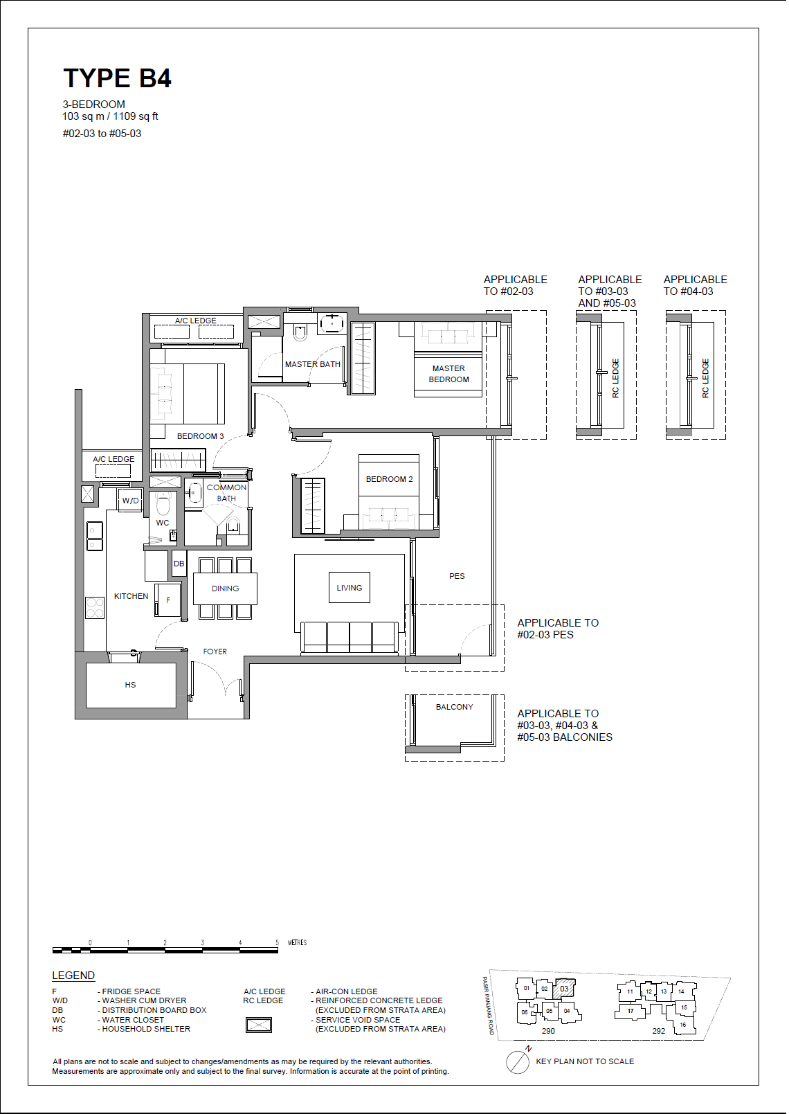 Floor plan of The Hillshore type B4, 3-Bedroom, 1,109 sq ft