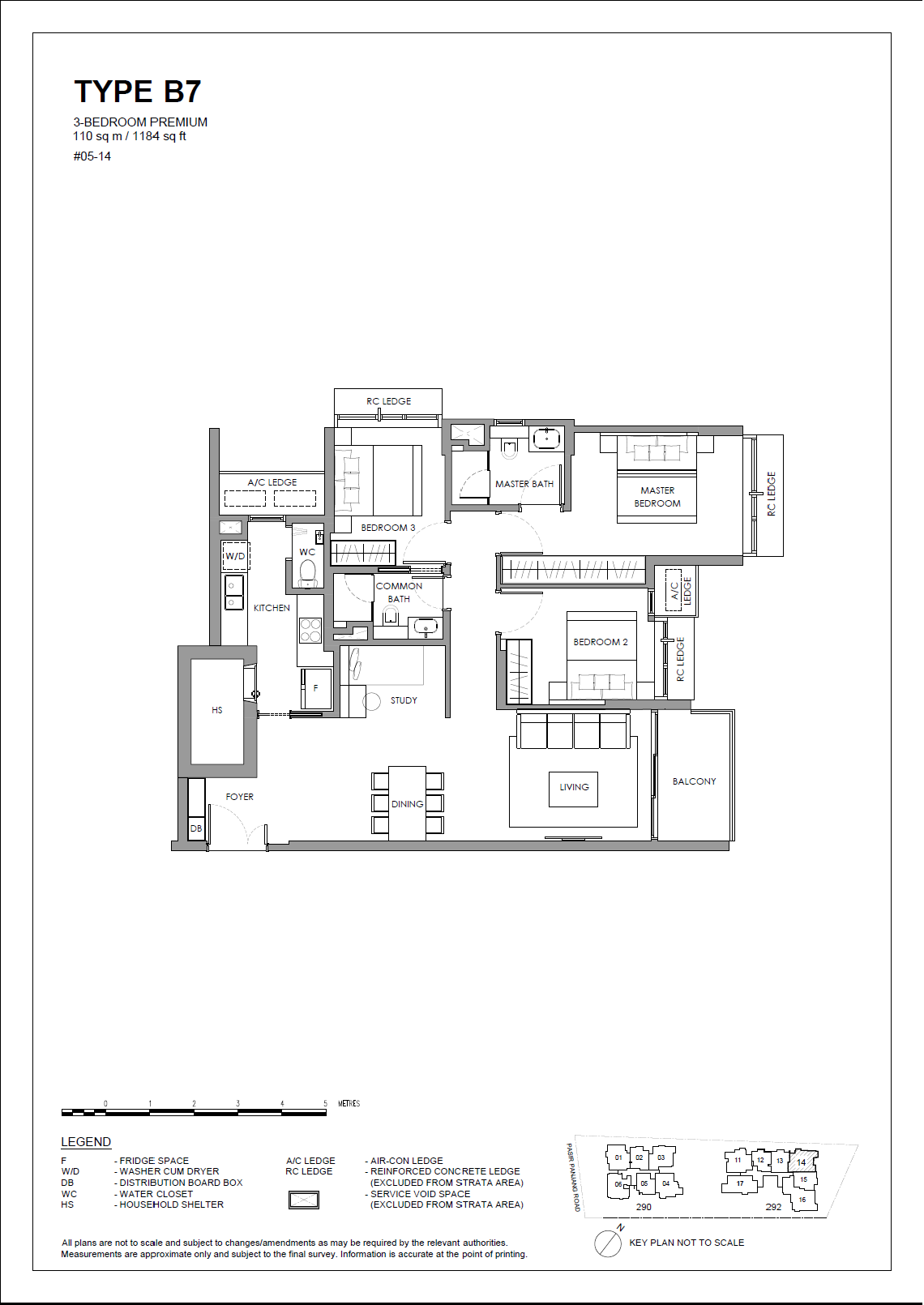 Floor plan of The Hillshore type B7, 3-Bedroom, 1,184 sq ft