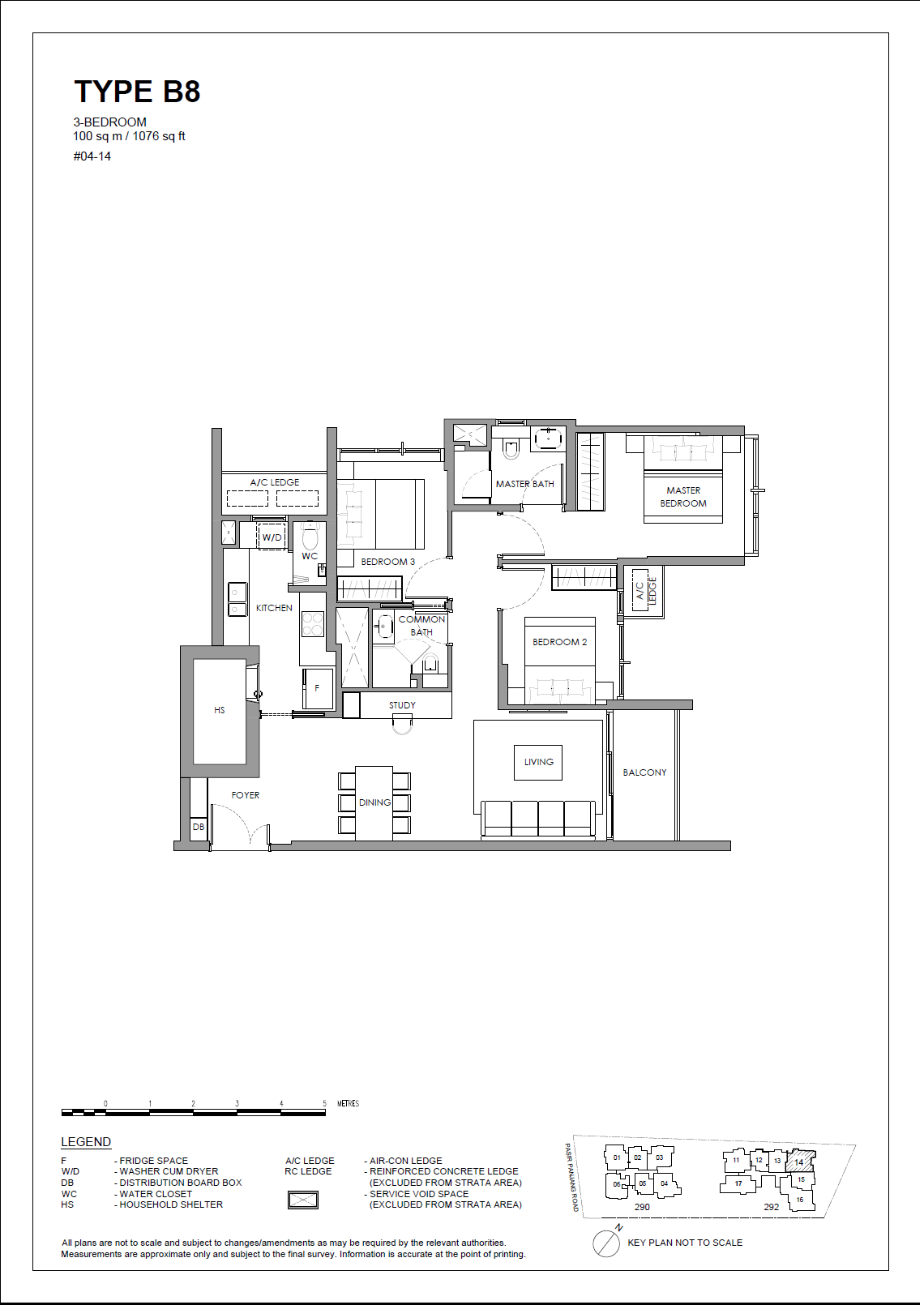 Floor plan of The Hillshore type B8, 3-Bedroom, 1,076 sq ft