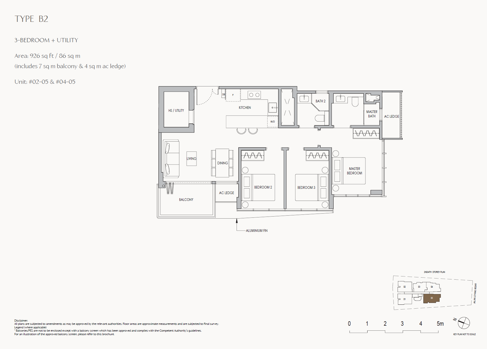 Floor plan of The Shorefront type B2, 3-Bedroom, 926 sq ft