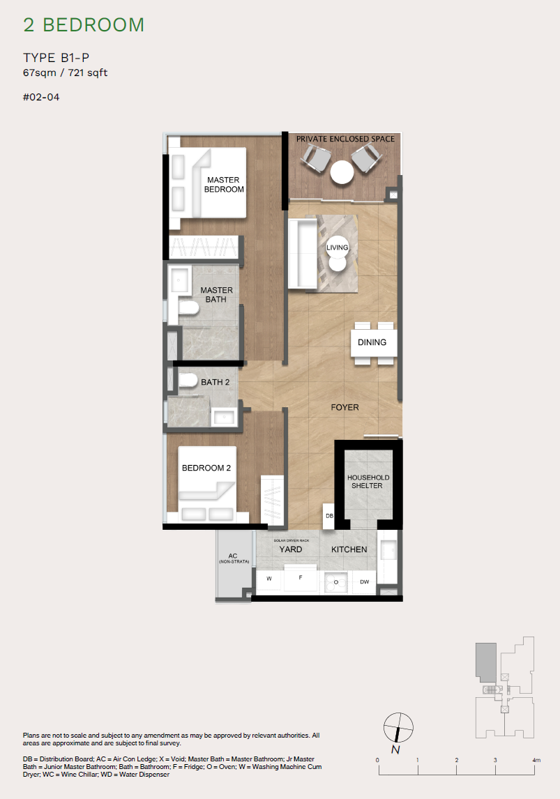 Floor plan of Verde Joo Chiat type B1-P, 2-Bedroom, 721 sq ft