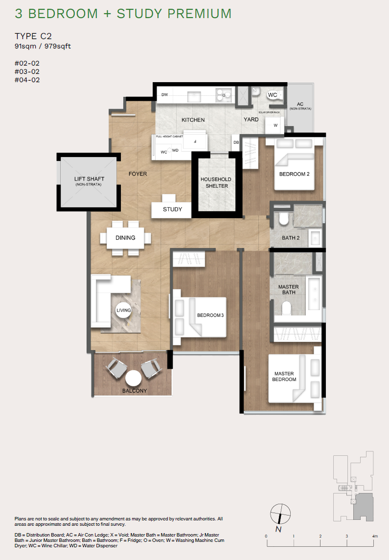 Floor plan of Verde Joo Chiat type C2, 3-Bedroom + Study, 979 sq ft