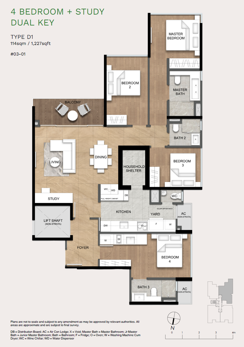 Floor plan of Verde Joo Chiat type D1, 4-Bedroom + Study, 1,227 sq ft