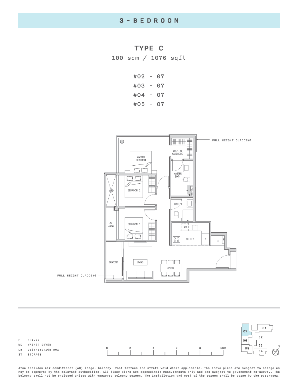 Floor plan of Claydence type C, 3-Bedroom, 1,076 sq ft