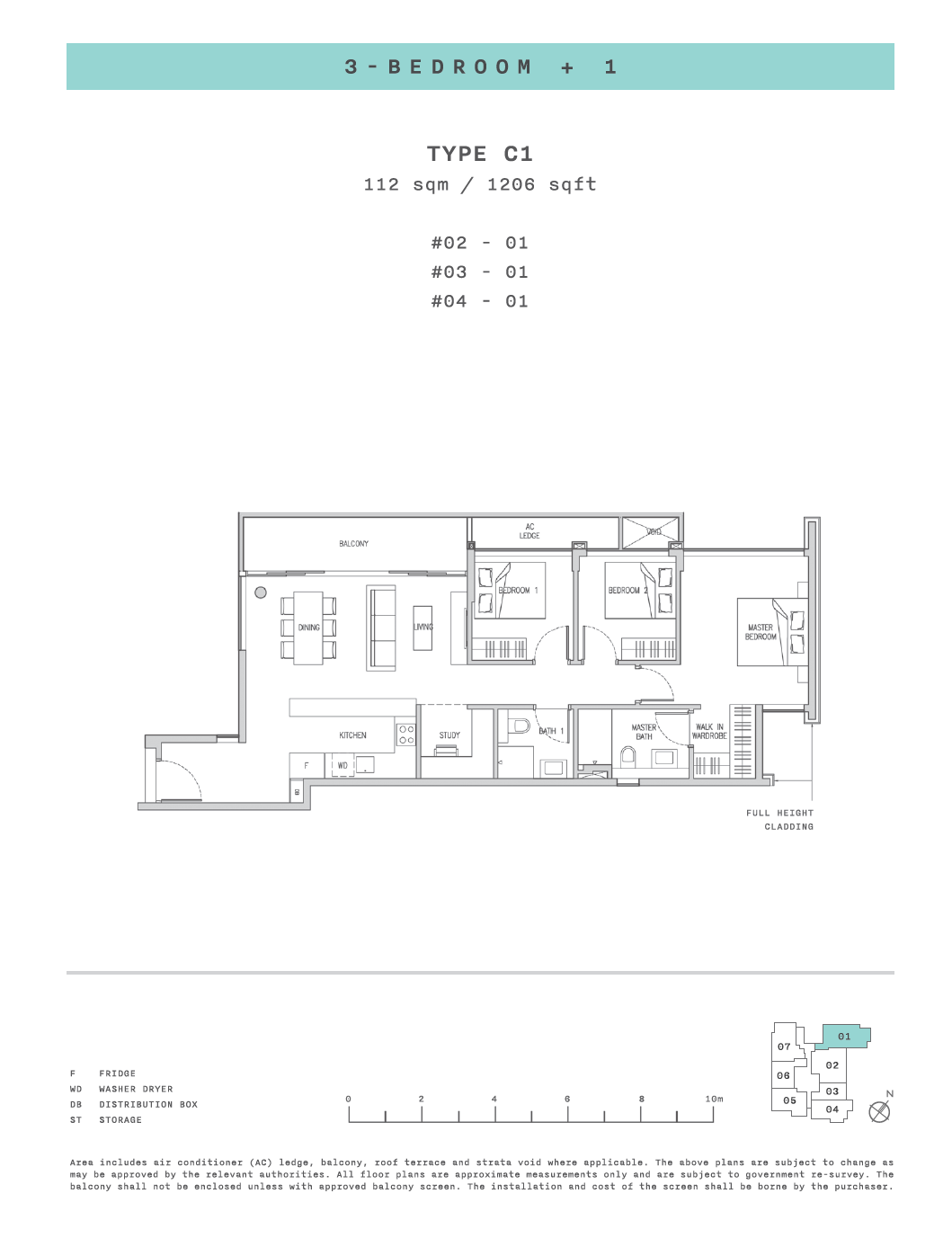 Floor plan of Claydence type C1, 3-Bedroom, 1,206 sq ft