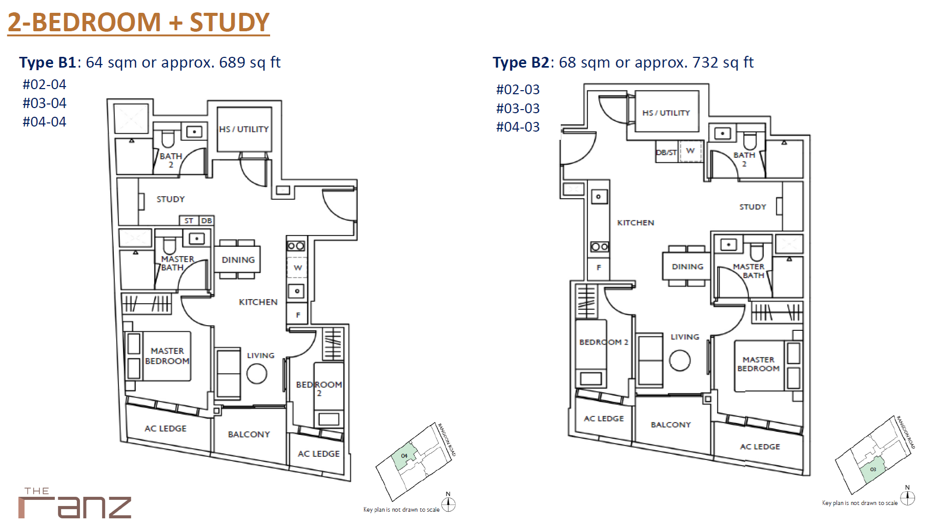 Floor plan of The Ranz type B2, 2-Bedroom + Study, 732 sq ft