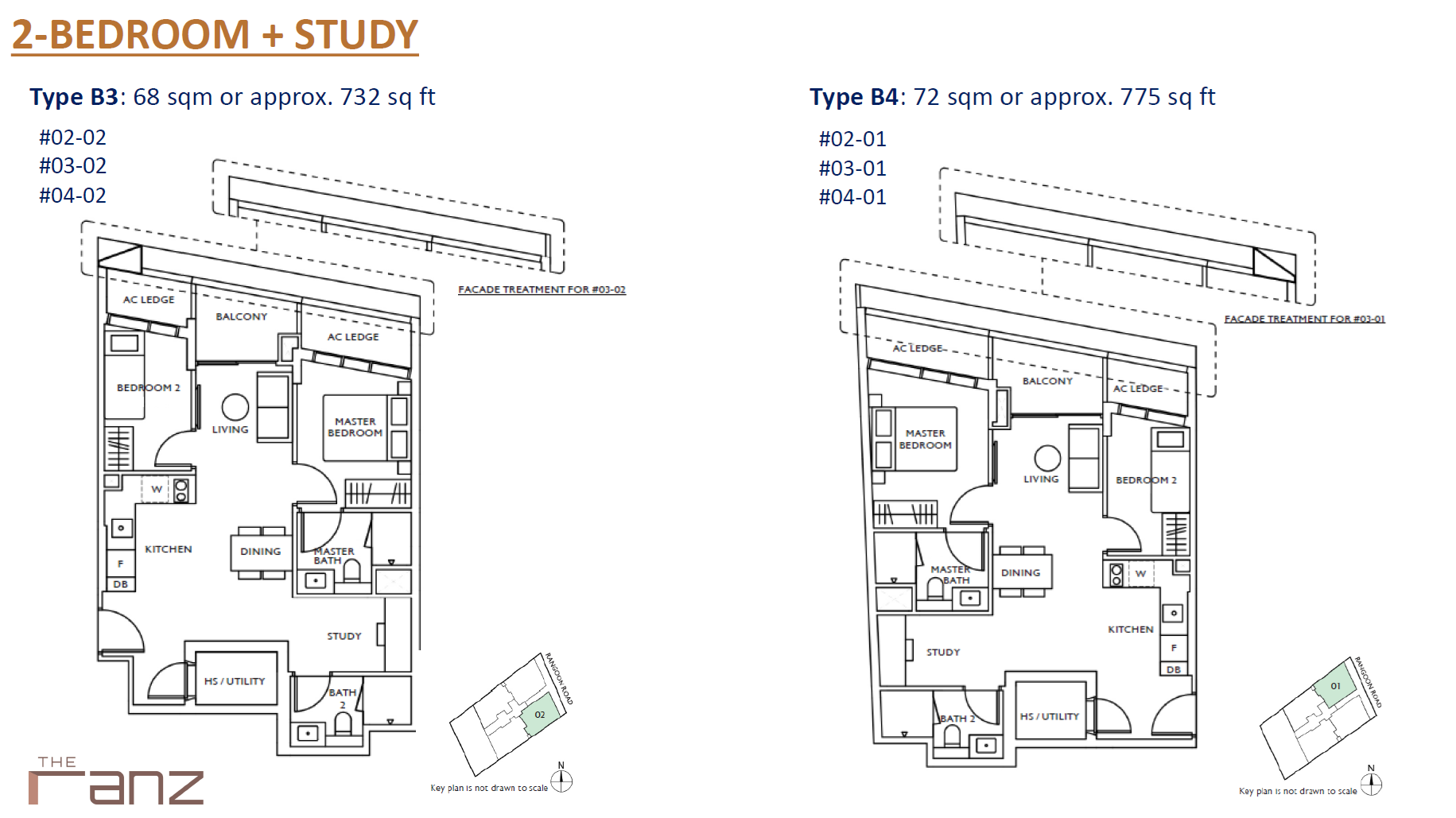 Floor plan of The Ranz type B4, 2-Bedroom + Study, 775 sq ft