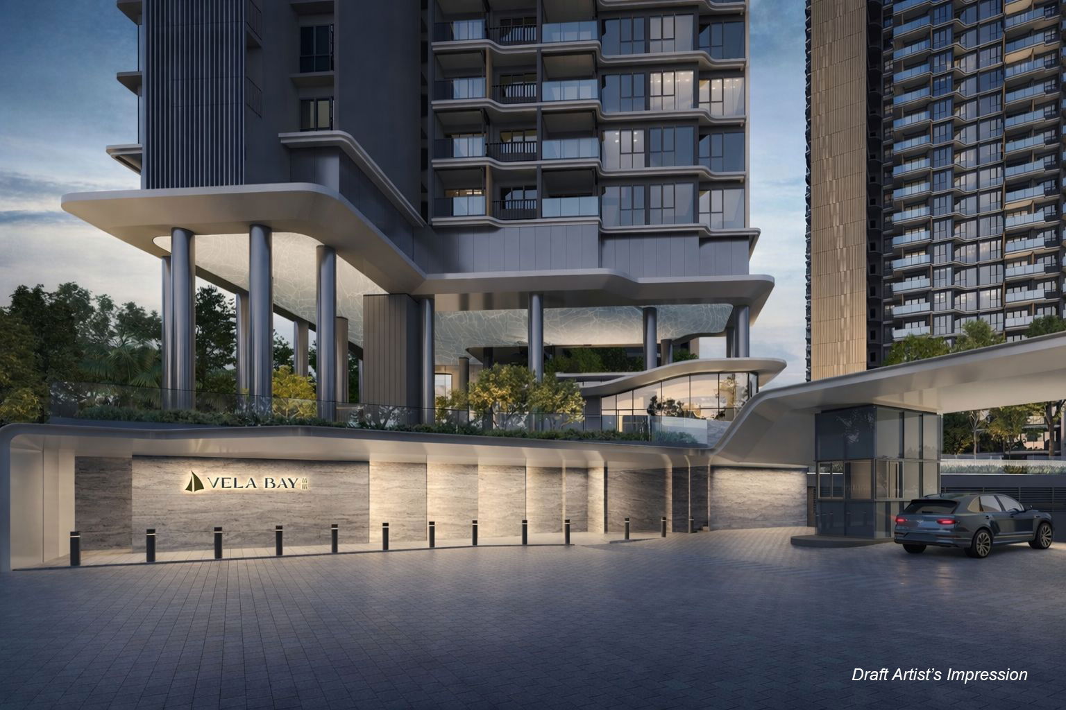 Grand arrival plaza with landscaped drop-off