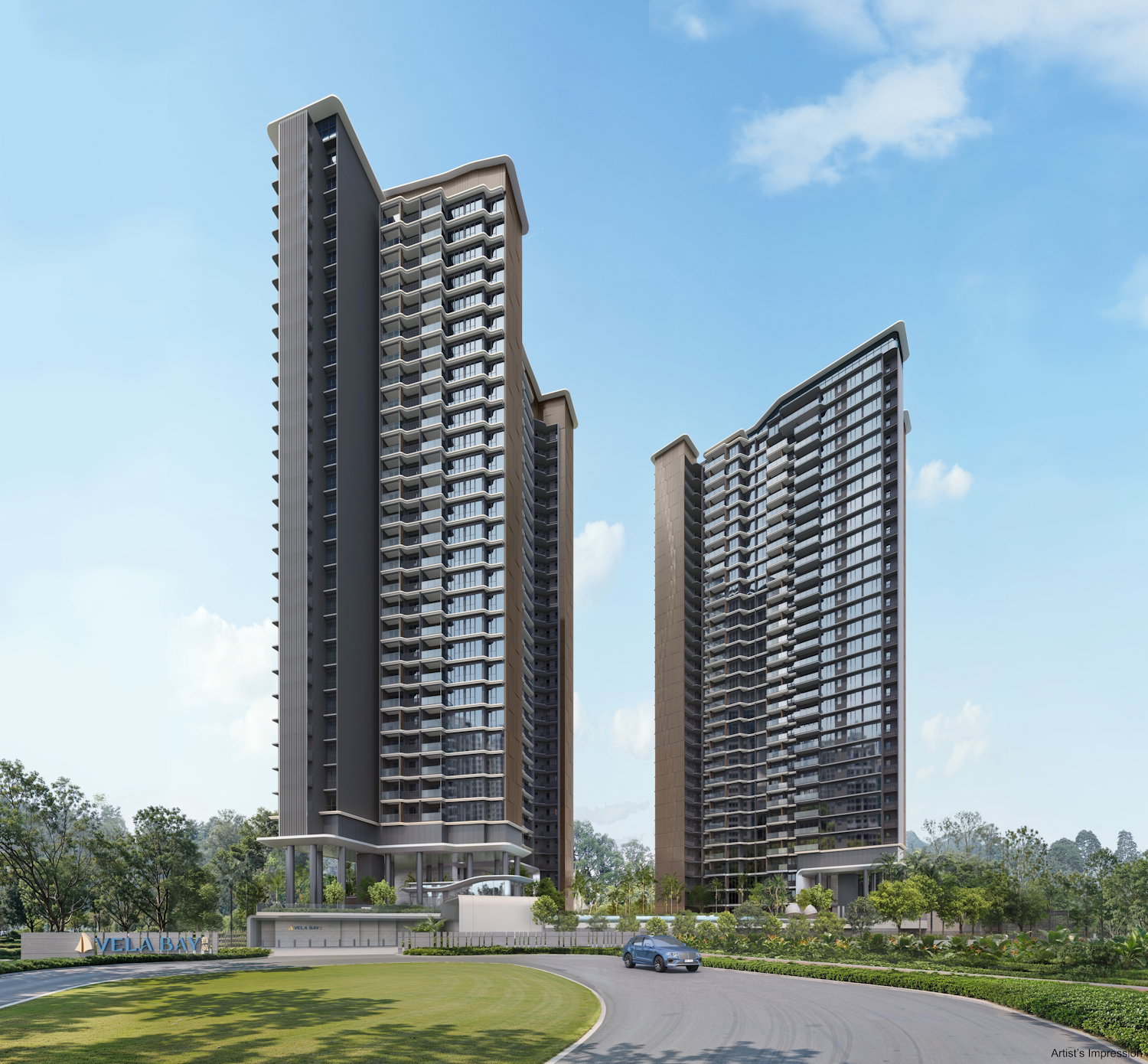 Signature Vela Bay facade fronting the South Coast waterfront
