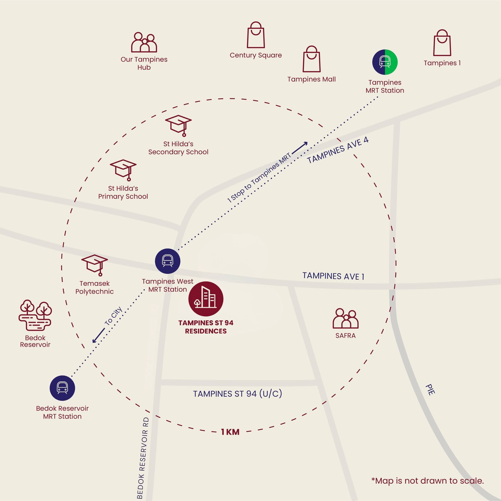 Pinery Residences — 1km amenities