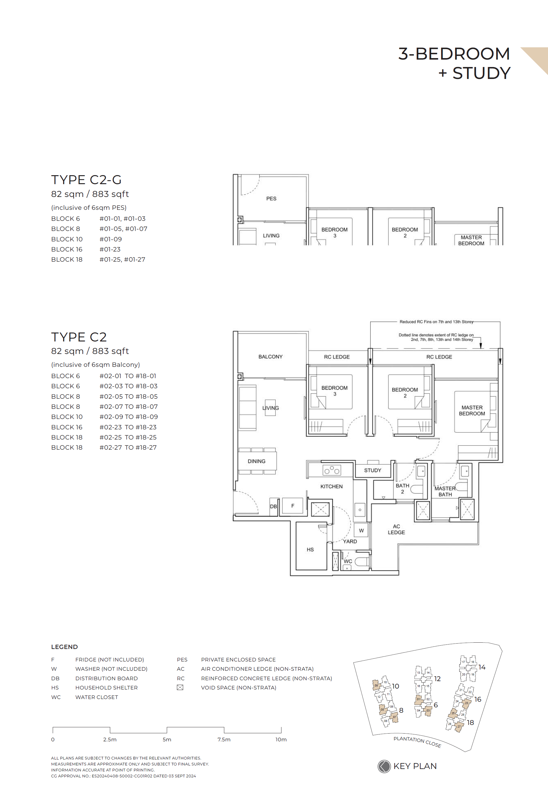 Floor plan of Novo Place (EC) type C2, 3-Bedroom + Study, 883 sq ft