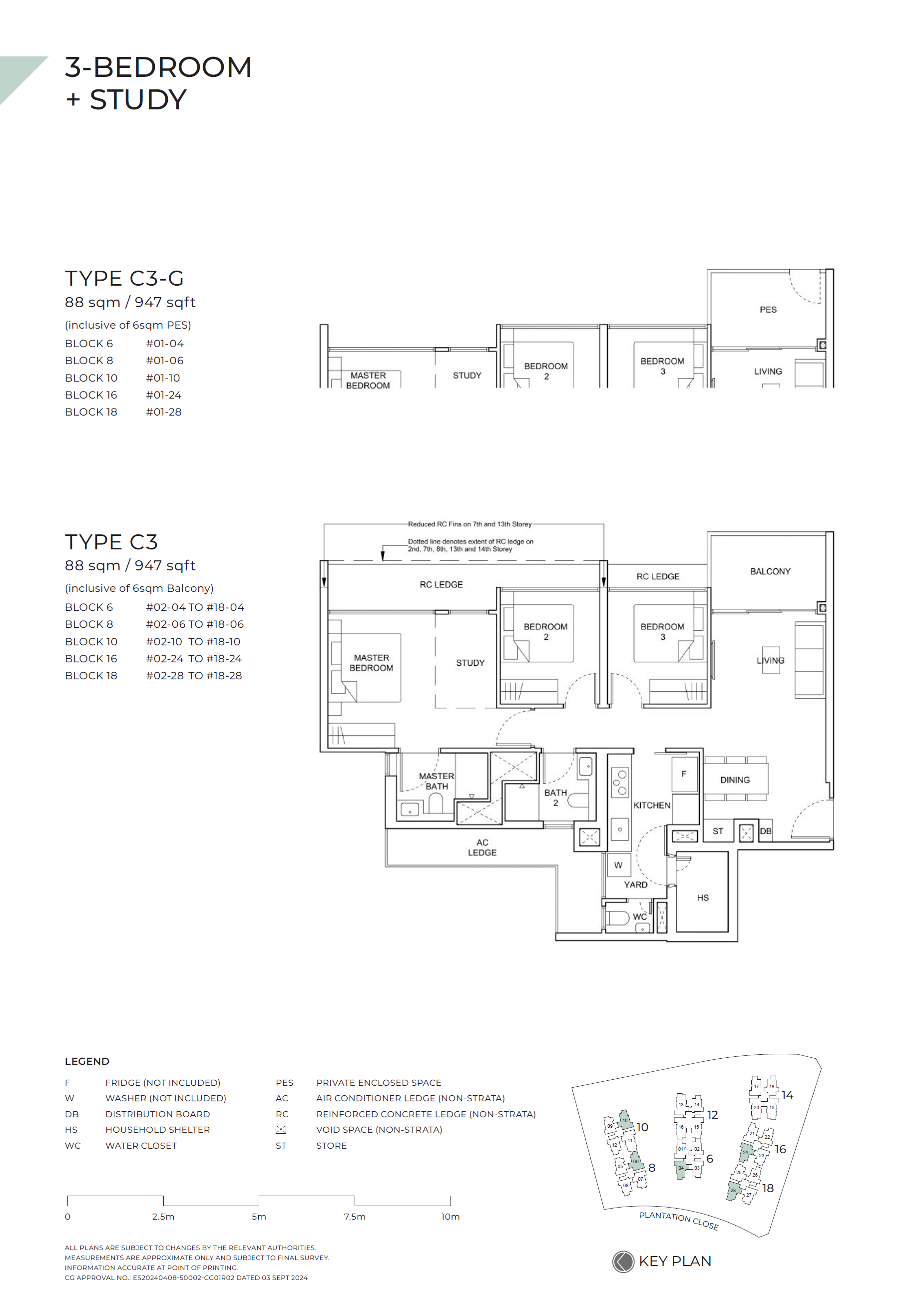 Floor plan of Novo Place (EC) type C3, 3-Bedroom + Study, 947 sq ft