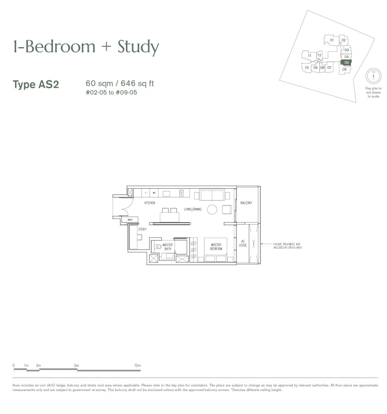 Floor plan of 19 Nassim type AS2, 1-Bedroom + Study, 646 sq ft