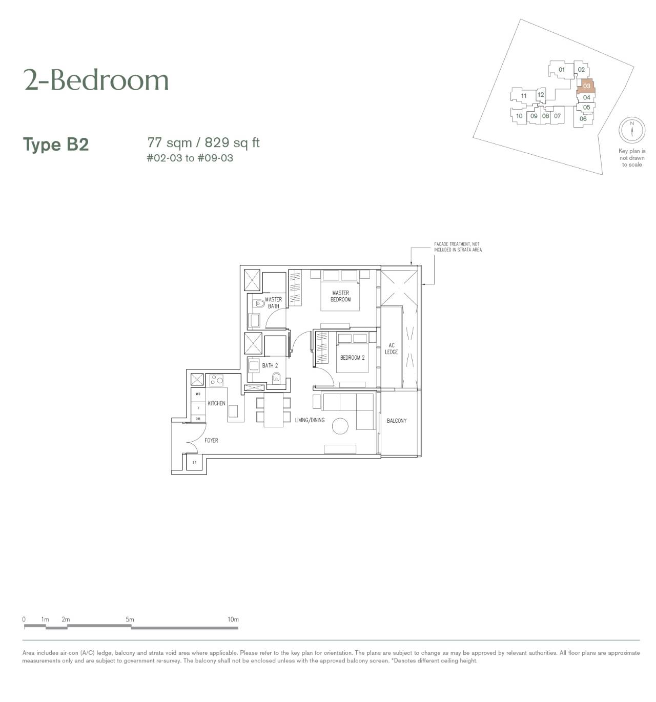 Floor plan of 19 Nassim type B2, 2-Bedroom, 829 sq ft