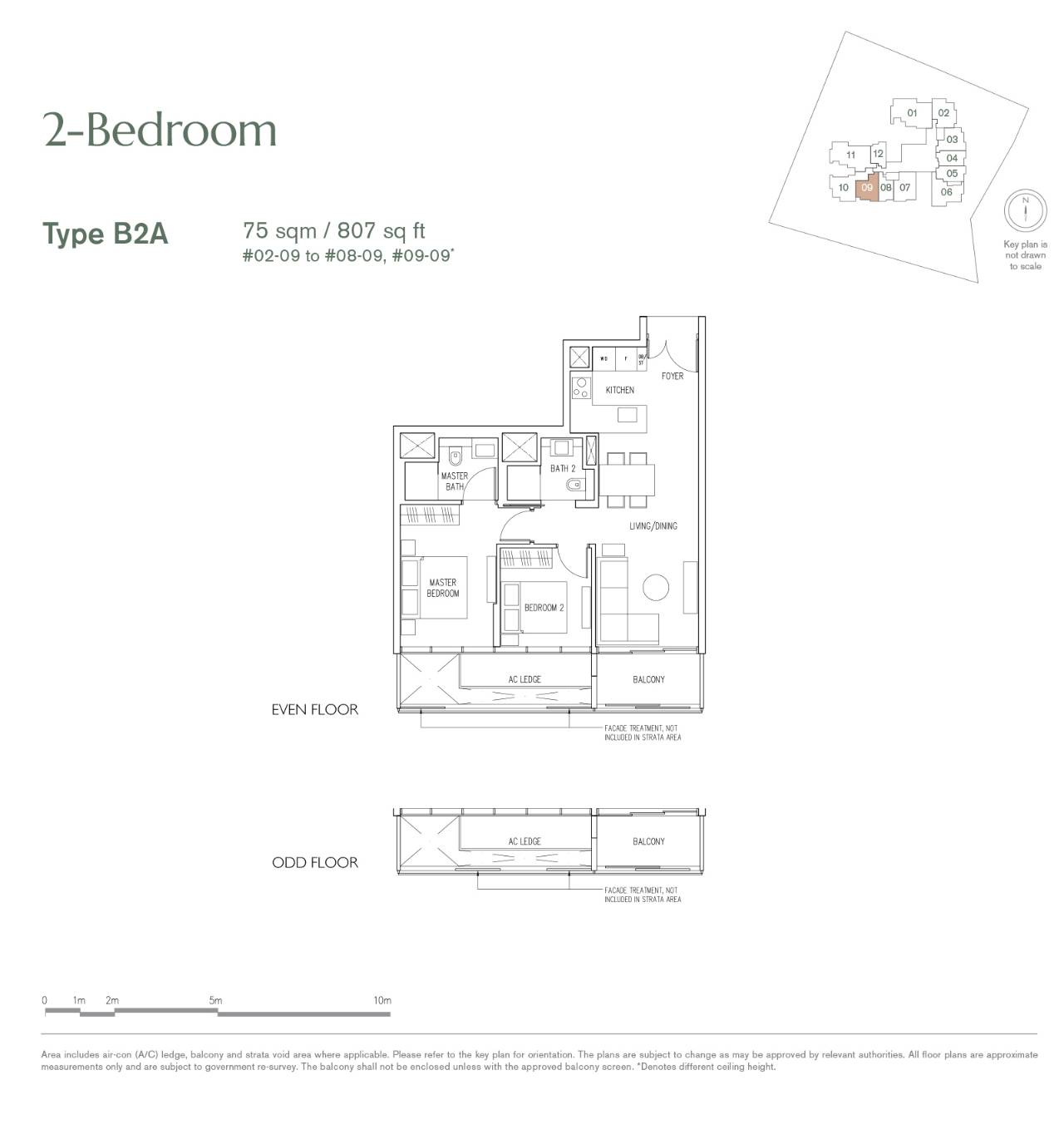Floor plan of 19 Nassim type B2A, 2-Bedroom, 807 sq ft