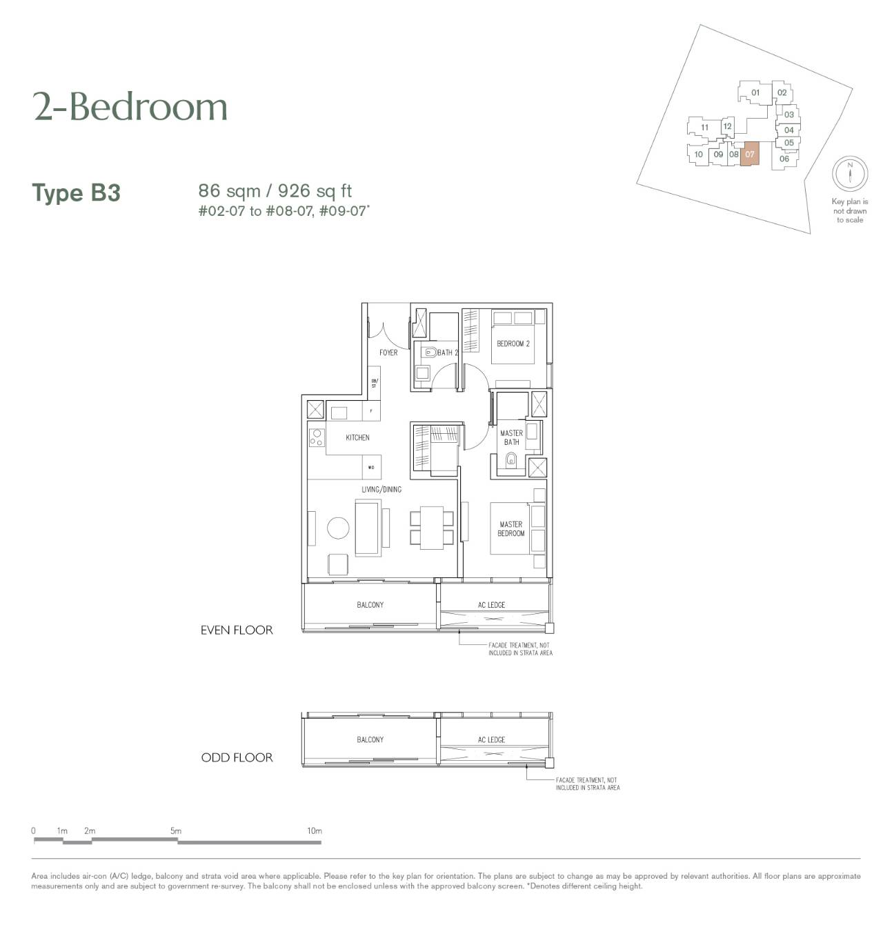 Floor plan of 19 Nassim type B3, 2-Bedroom, 926 sq ft