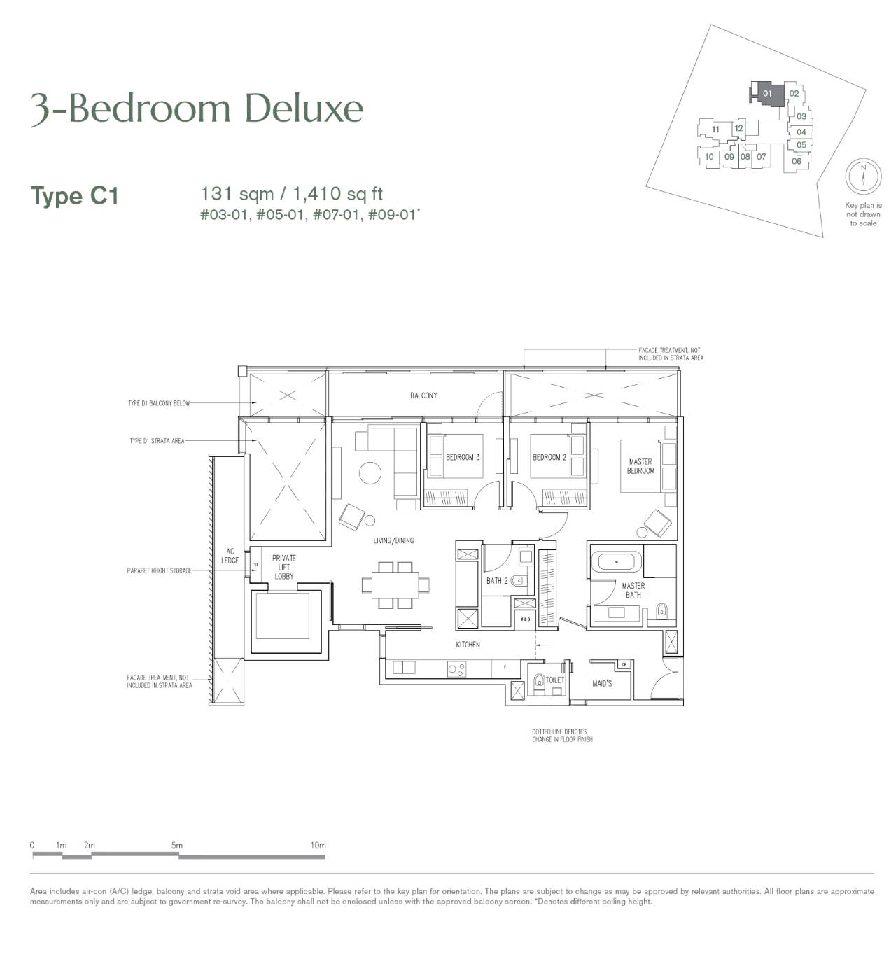 Floor plan of 19 Nassim type C1, 3-Bedroom, 1,410 sq ft