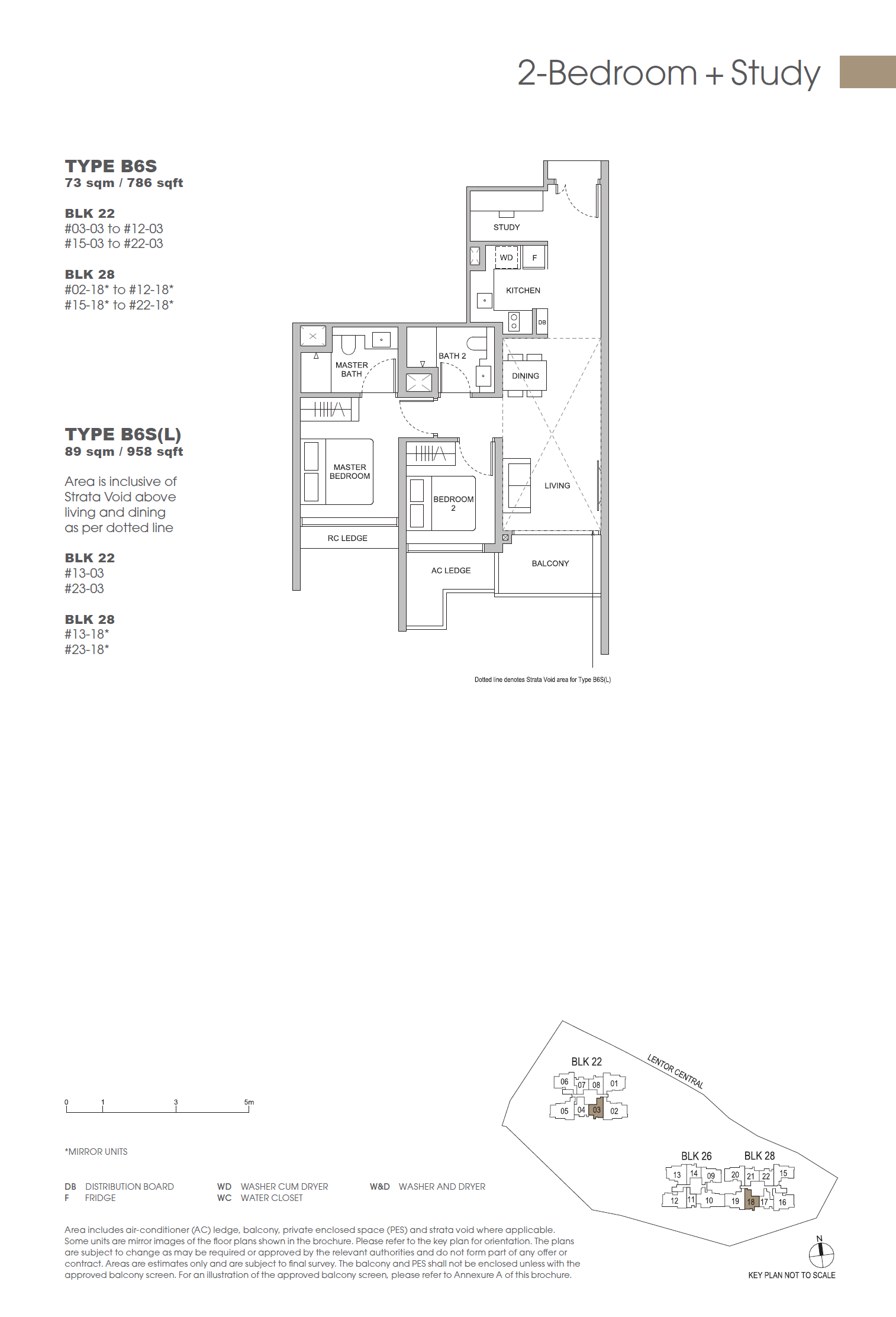 Floor plan of Hillock Green type B6S, 2-Bedroom + Study, 786 sq ft