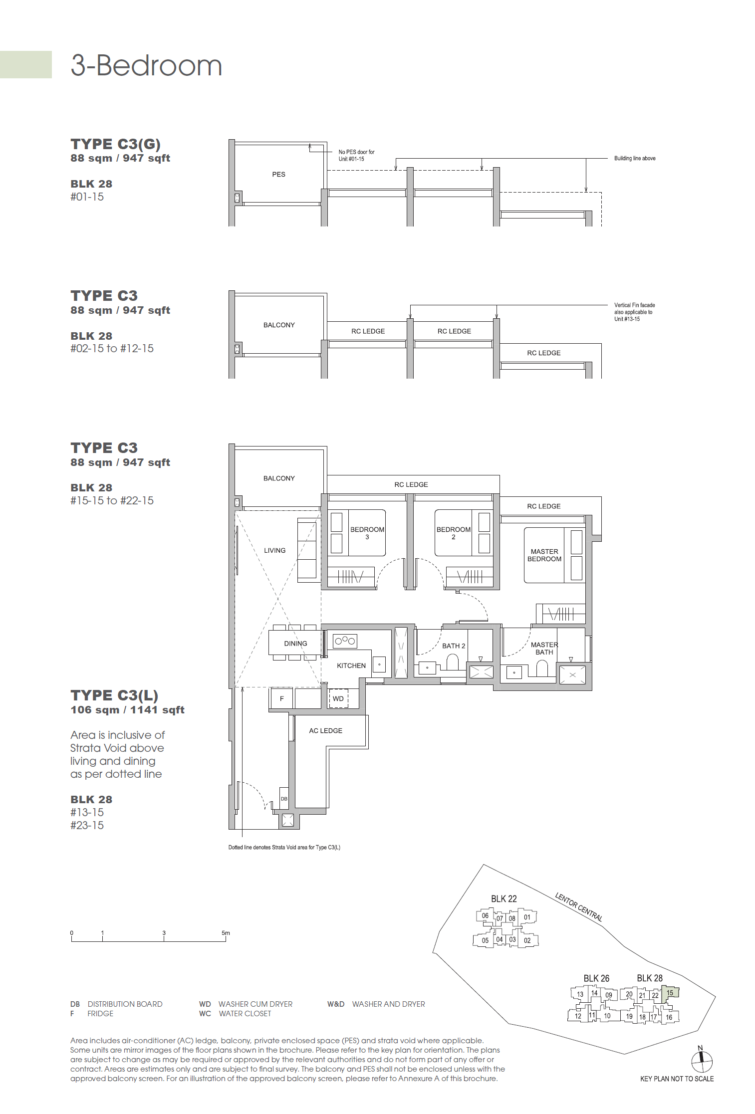 Floor plan of Hillock Green type C3, 3-Bedroom, 947 sq ft