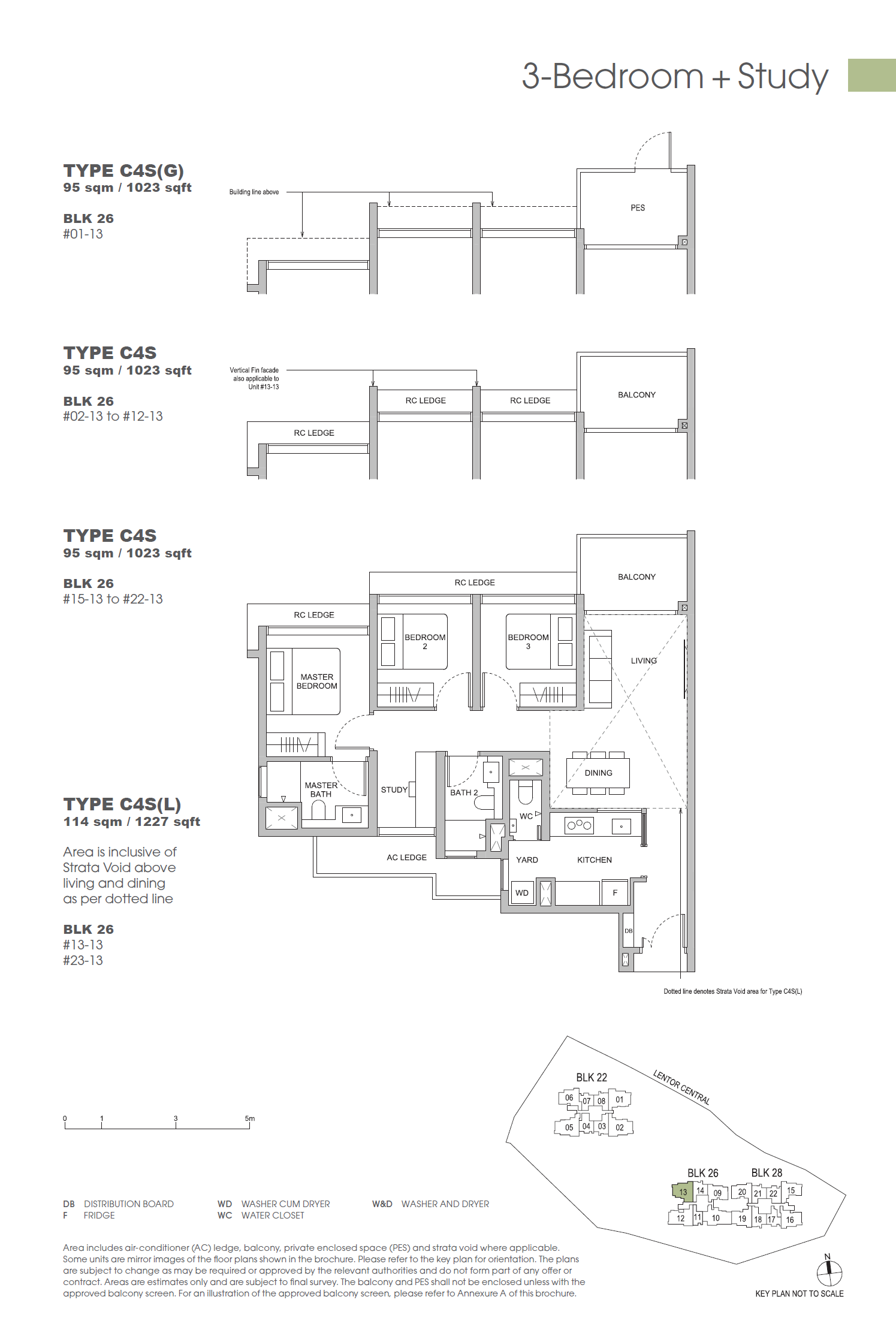 Floor plan of Hillock Green type C4S, 3-Bedroom + Study, 1,023 sq ft