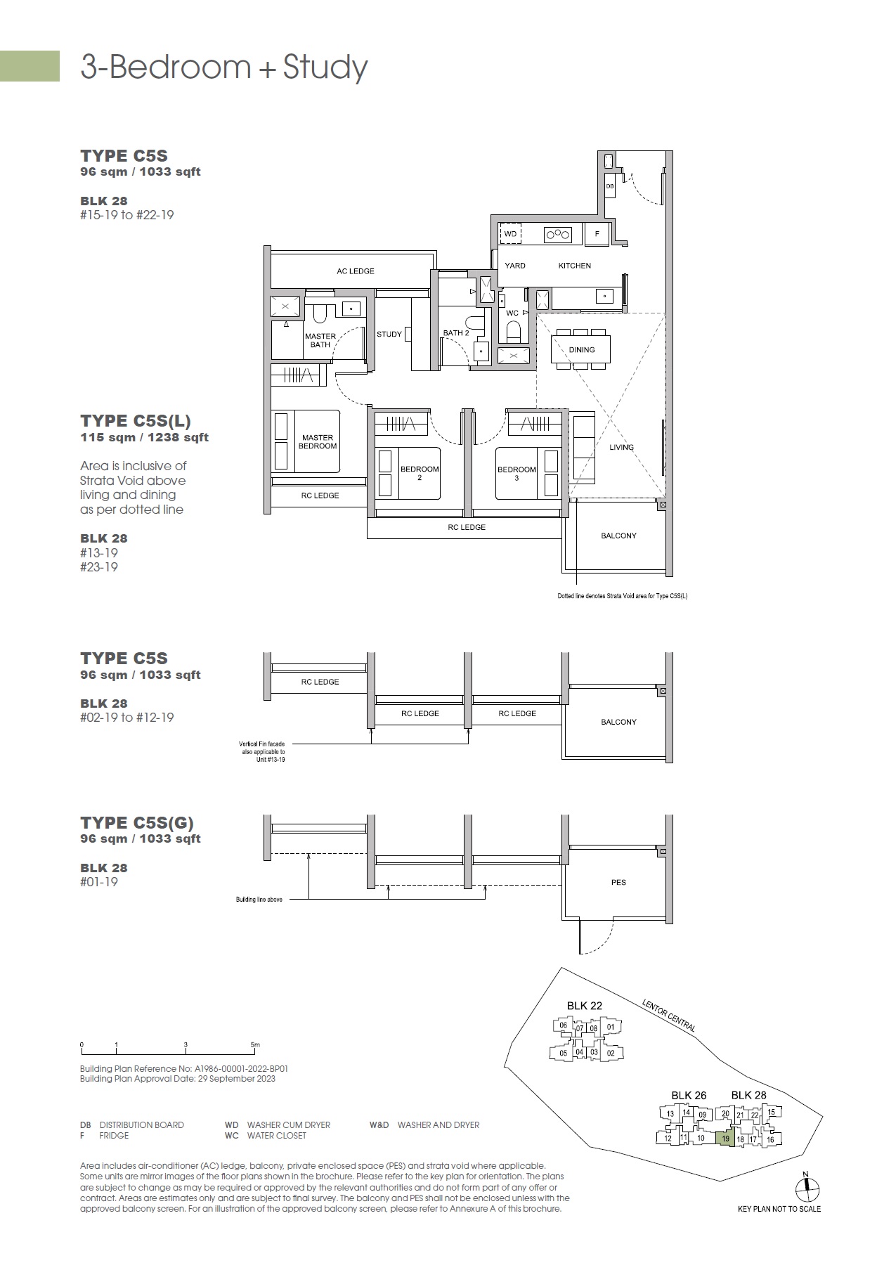 Floor plan of Hillock Green type C5S, 3-Bedroom + Study, 1,033 sq ft