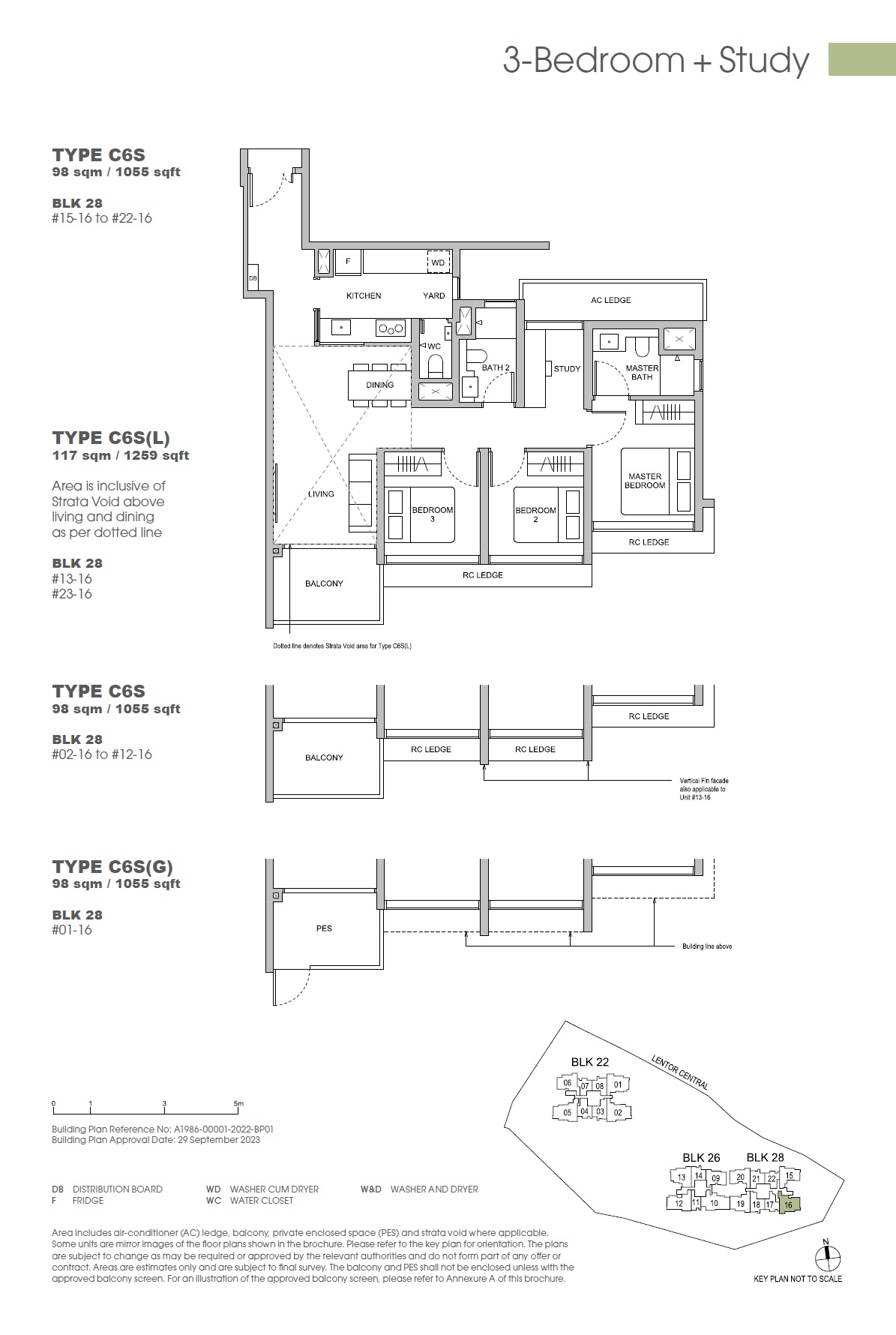 Floor plan of Hillock Green type C6S, 3-Bedroom + Study, 1,055 sq ft