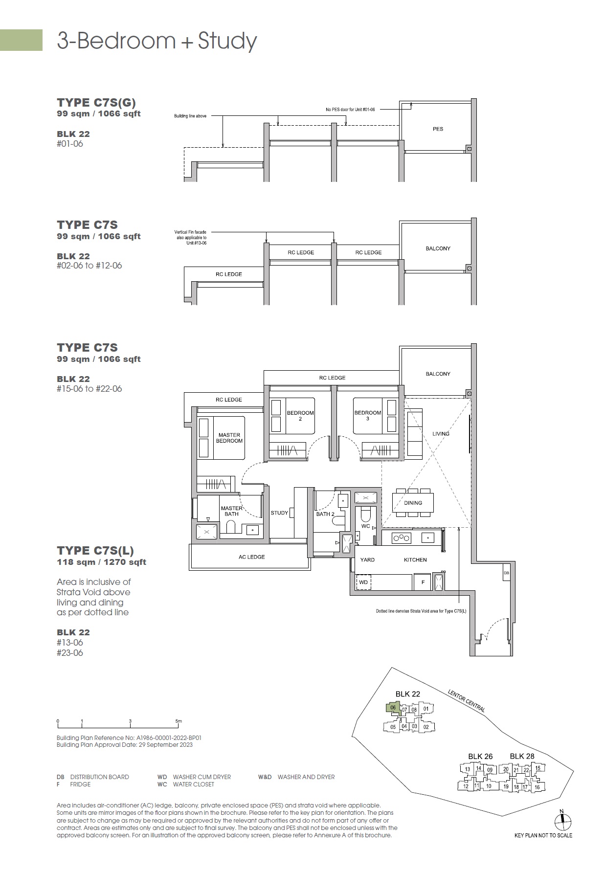 Floor plan of Hillock Green type C7S, 3-Bedroom + Study, 1,066 sq ft