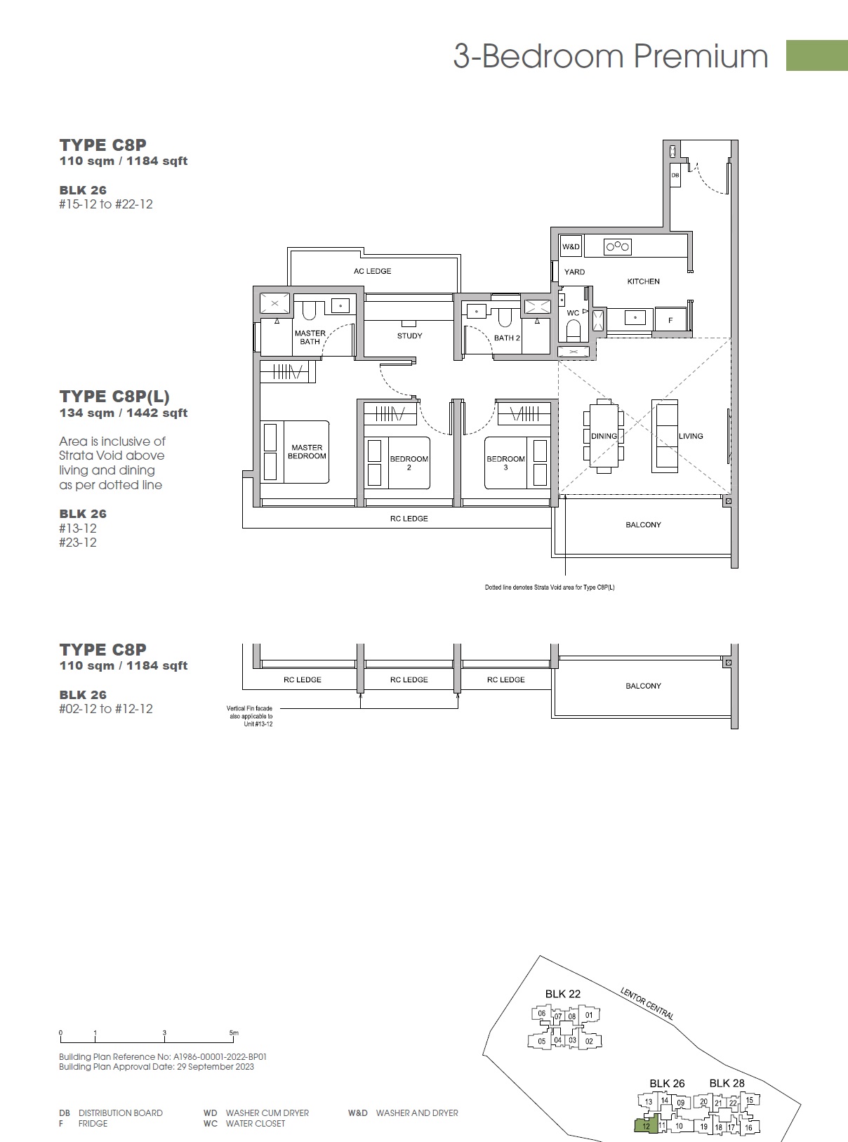 Floor plan of Hillock Green type C8P, 3-Bedroom, 1,184 sq ft
